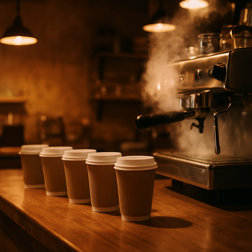 Cups and Muffs Cafe coffee counter with takeaway cups and espresso machine