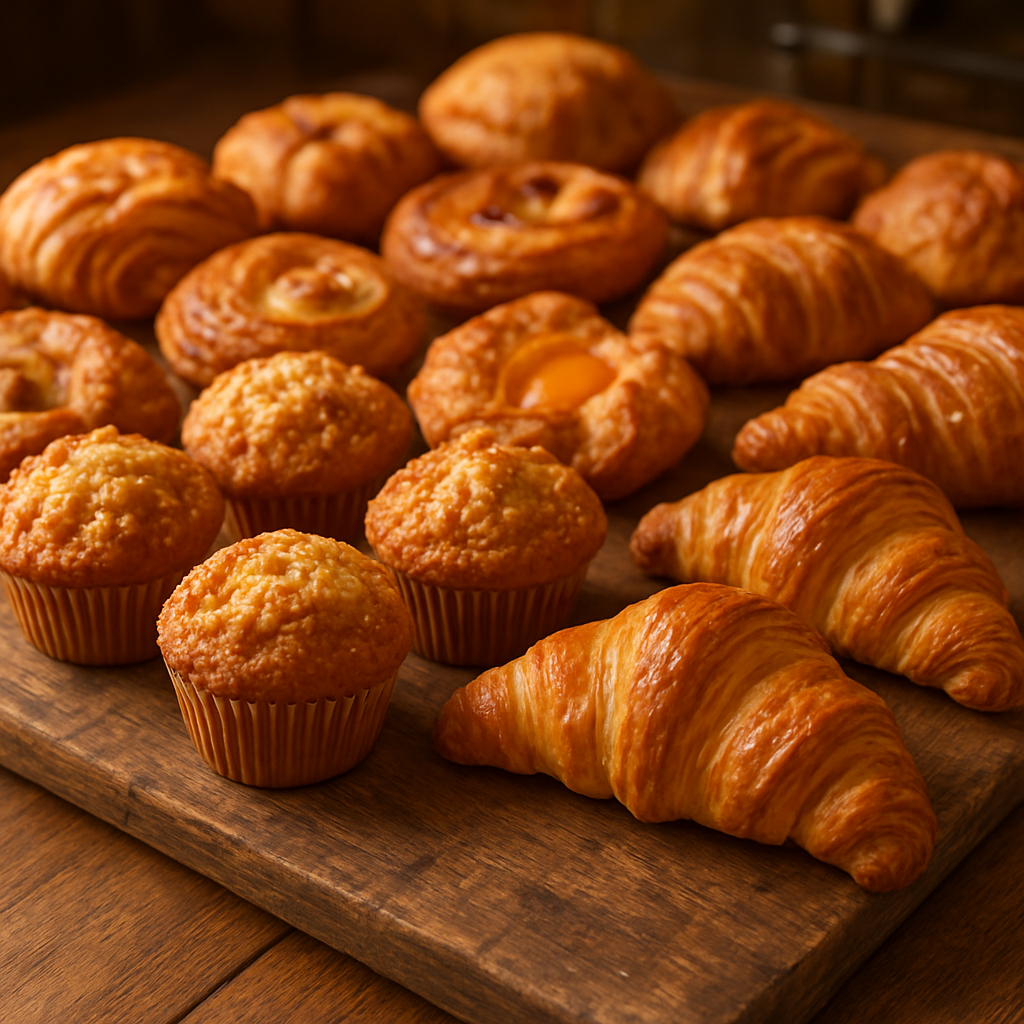 Fresh-baked muffins, pastries and croissants on a rustic wooden board