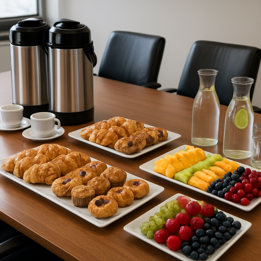 Corporate meeting catering spread with coffee urns and pastry platters on a conference table