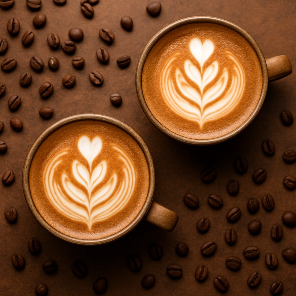 Two beautifully crafted espresso lattes with latte art in ceramic cups