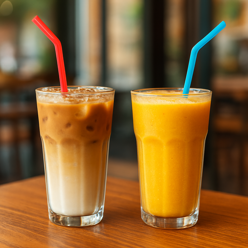 Refreshing iced latte and tropical smoothie in tall glasses on a cafe table