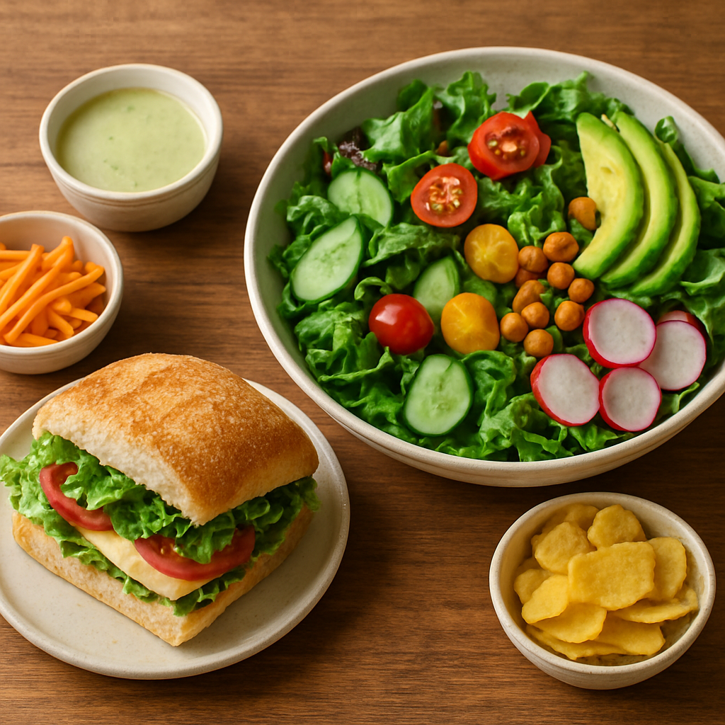 Fresh cafe lunch spread with gourmet sandwich, colourful salad and sides